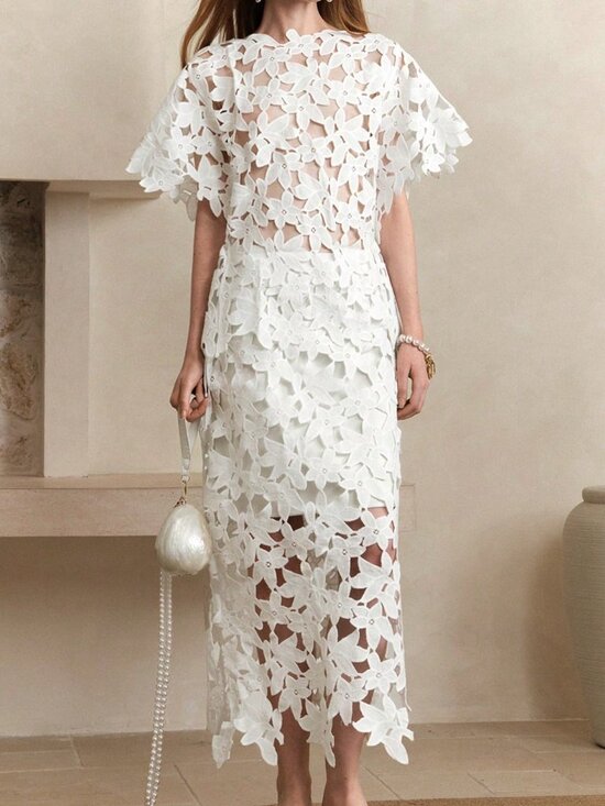 Dresses & Skirts - White Elegant Women's 3d Floral Lace Fabric Hollow Flower Pattern Skirt